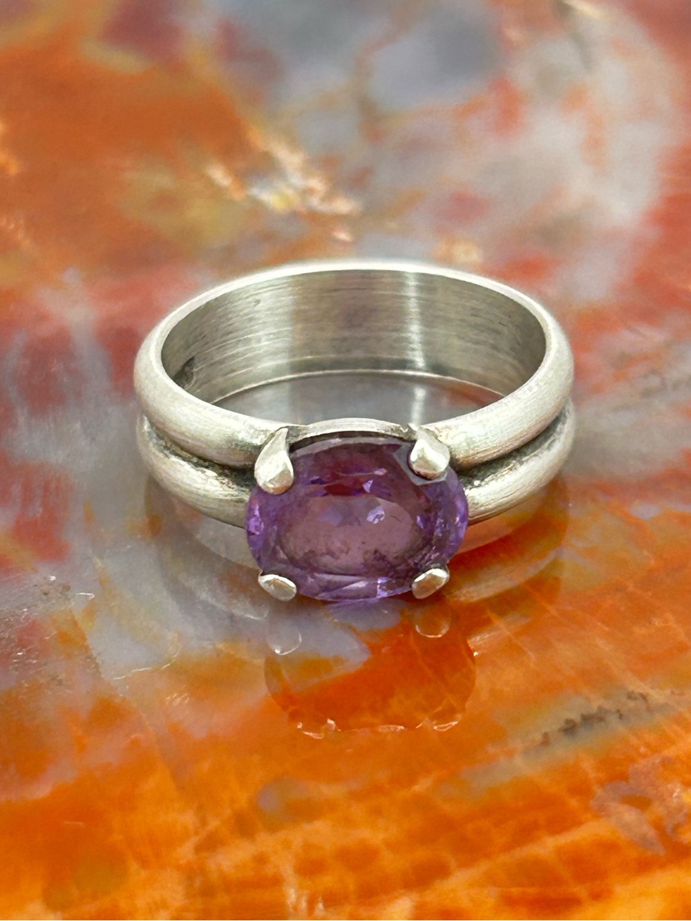 Vintage Sterling Silver Amethyst Ring - Size 6, matte finished sterling
